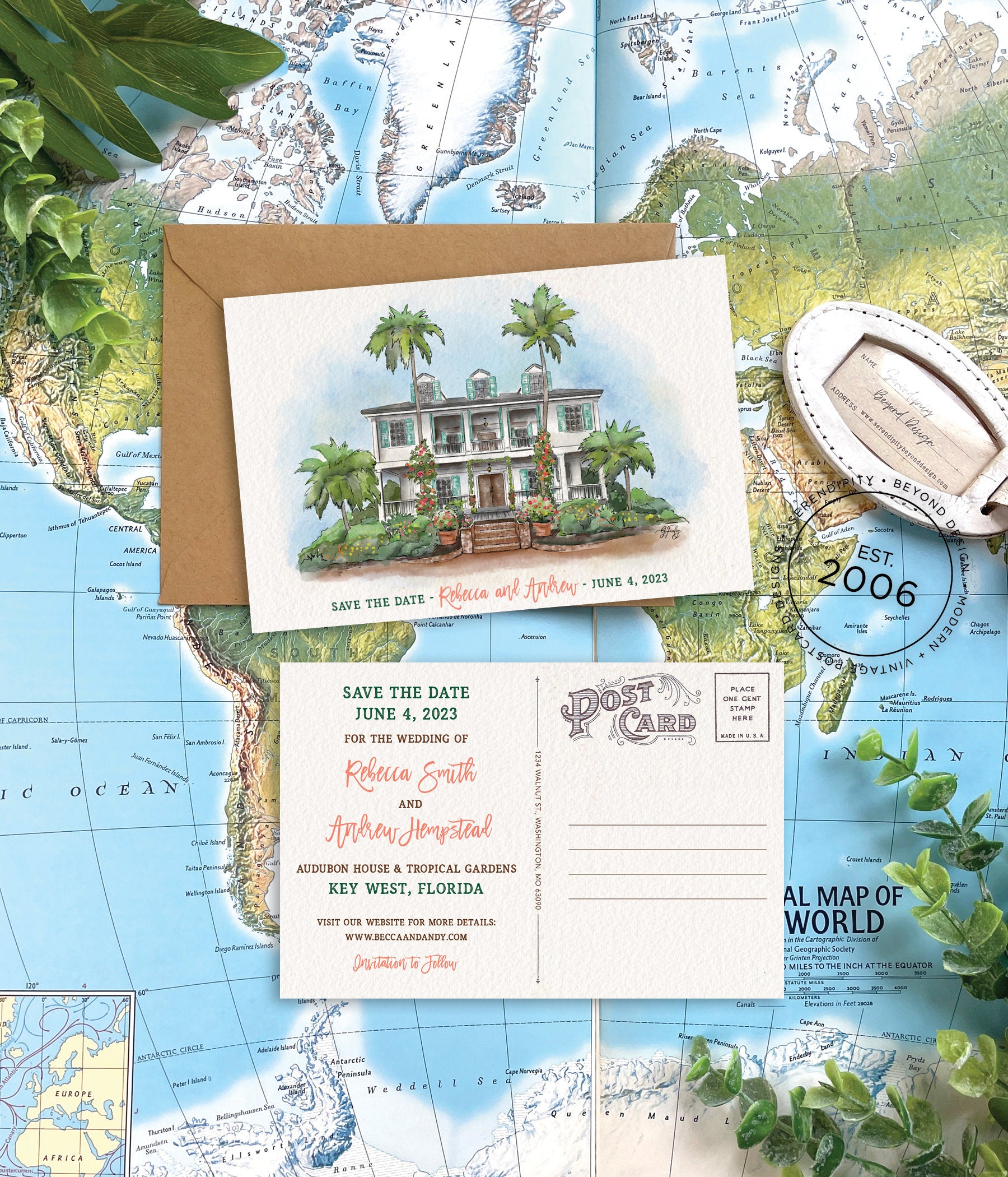 Save the Date - Audubon House and Tropical Gardens, Key West, Florida - Watercolor Postcard