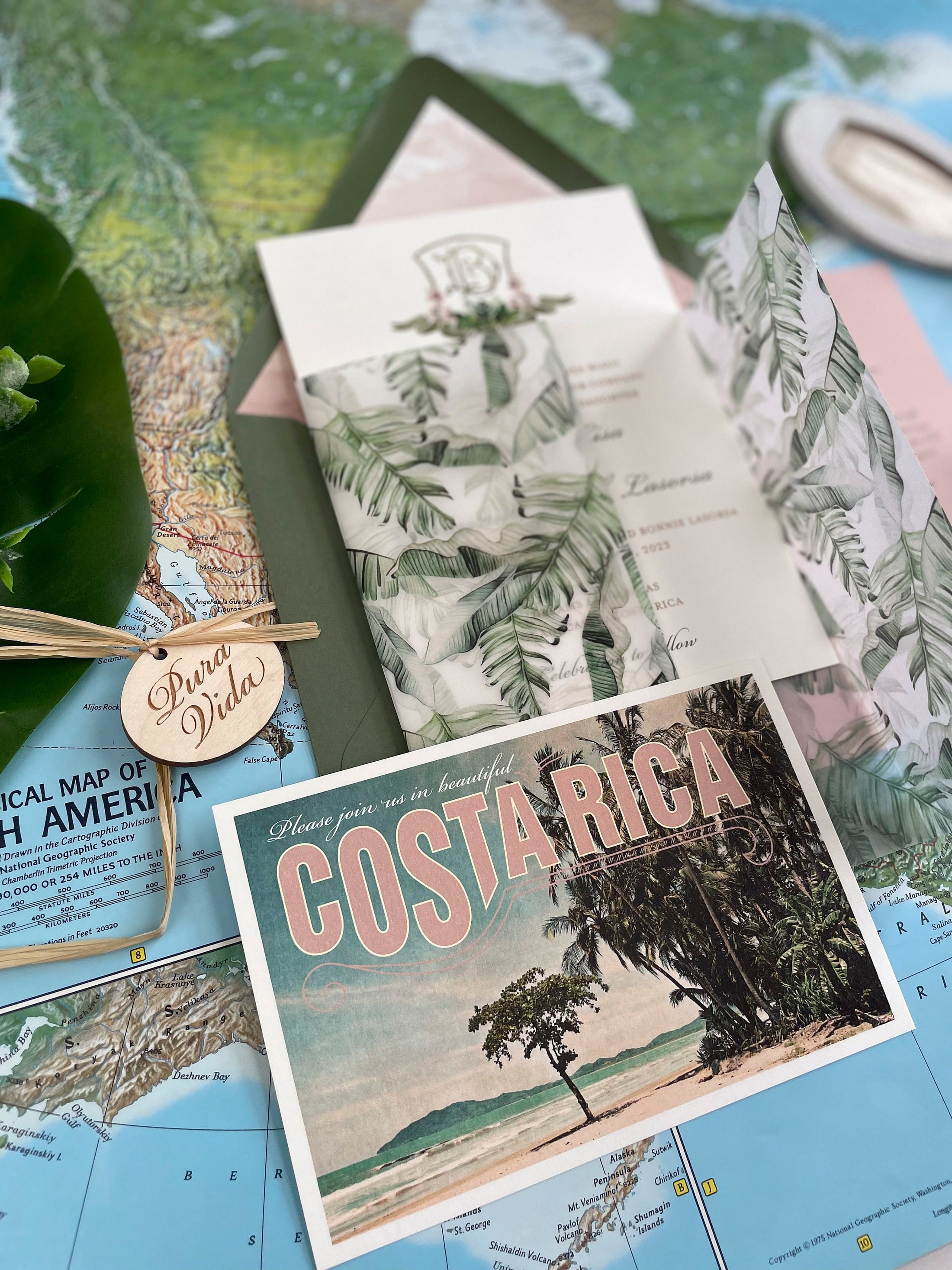 Tropical Vellum and Monogram Wedding Invitation (Costa Rica)