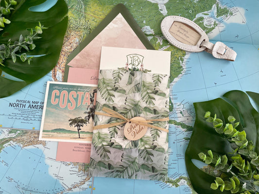 Tropical Vellum and Monogram Wedding Invitation (Costa Rica)