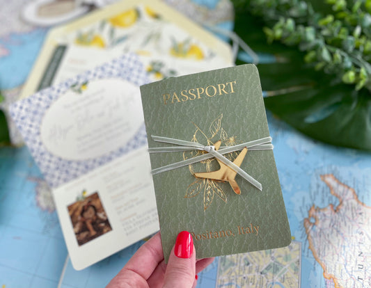 Sage and Gold Lemon Passport + Boarding Pass Wedding Invitation (Positano, Italy)