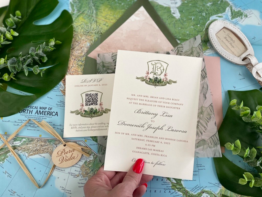 Tropical Vellum and Monogram Wedding Invitation (Costa Rica)