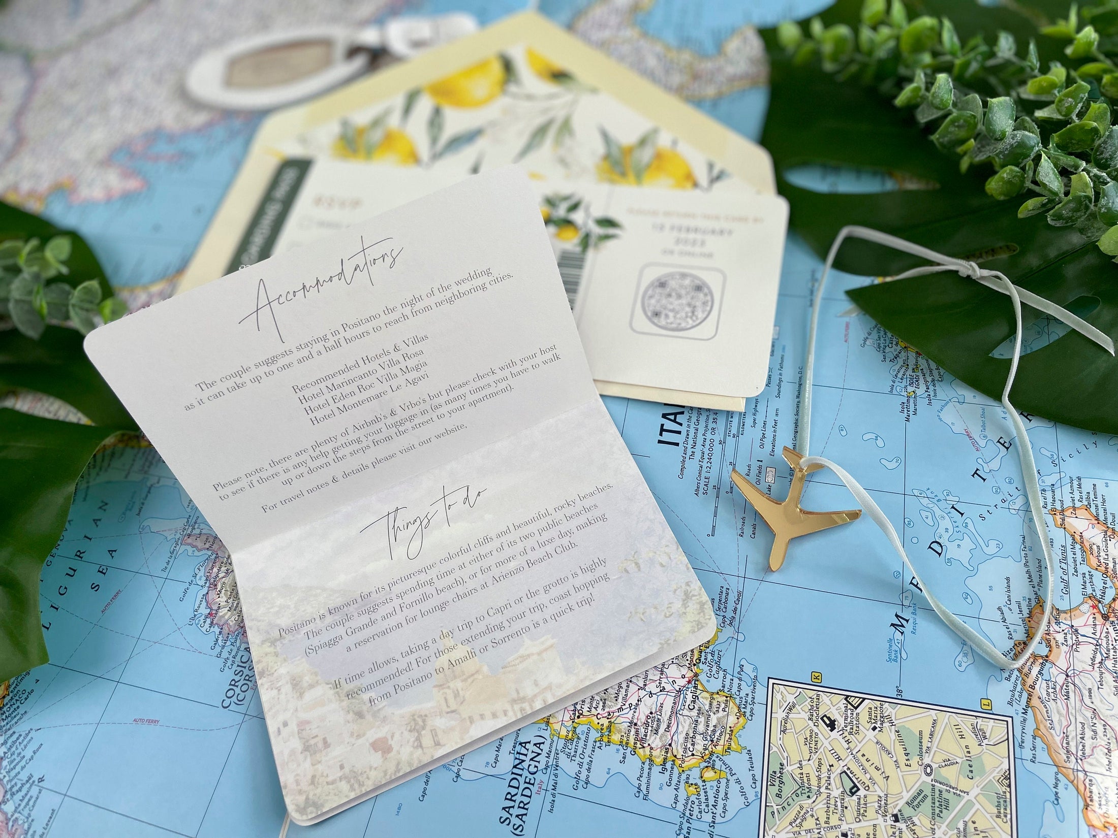 Sage and Gold Lemon Passport + Boarding Pass Wedding Invitation (Positano, Italy)