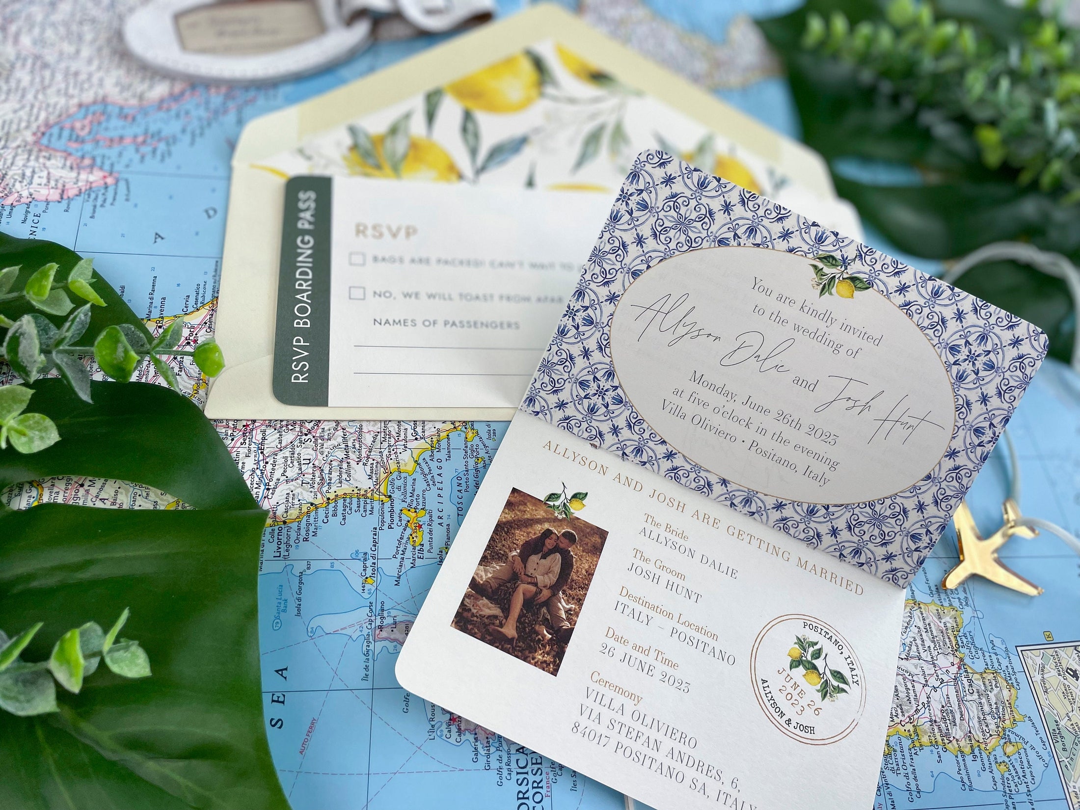 Sage and Gold Lemon Passport + Boarding Pass Wedding Invitation (Positano, Italy)