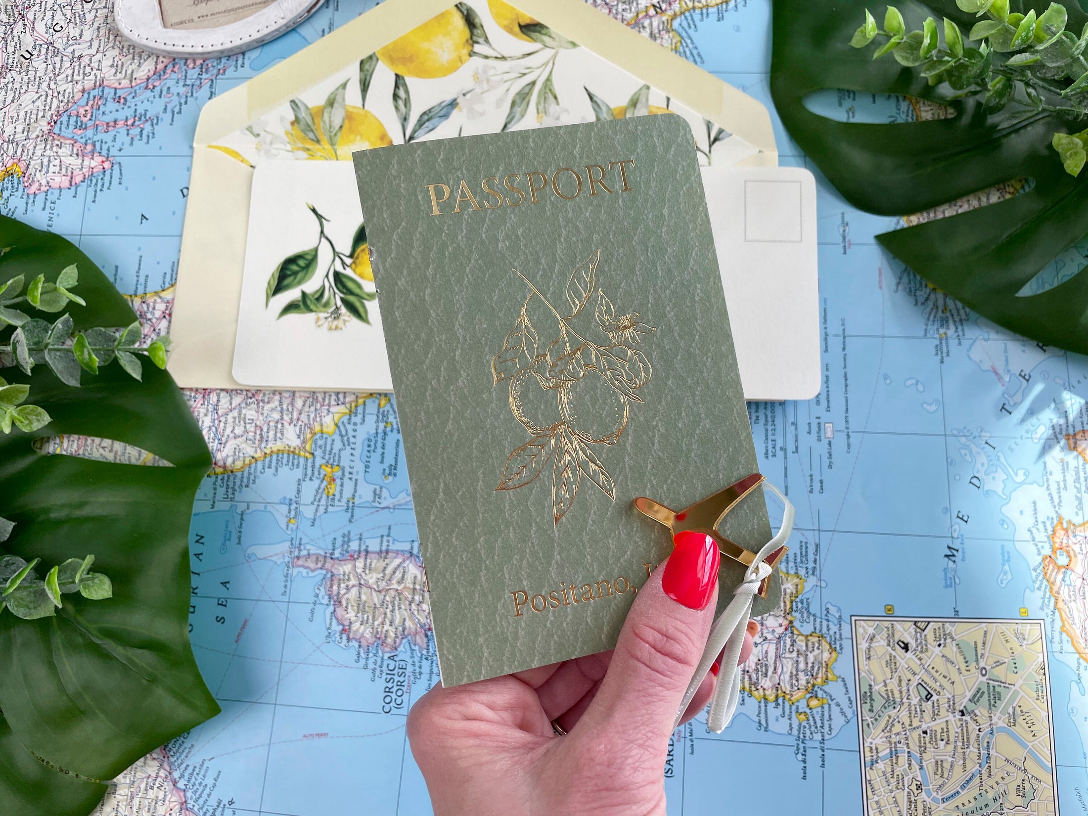 Sage and Gold Lemon Passport + Boarding Pass Wedding Invitation (Positano, Italy)