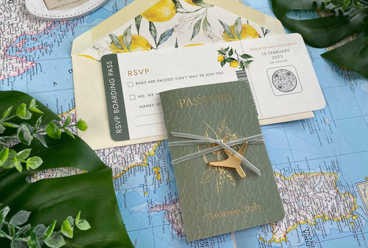 Sage and Gold Lemon Passport + Boarding Pass Wedding Invitation (Positano, Italy)