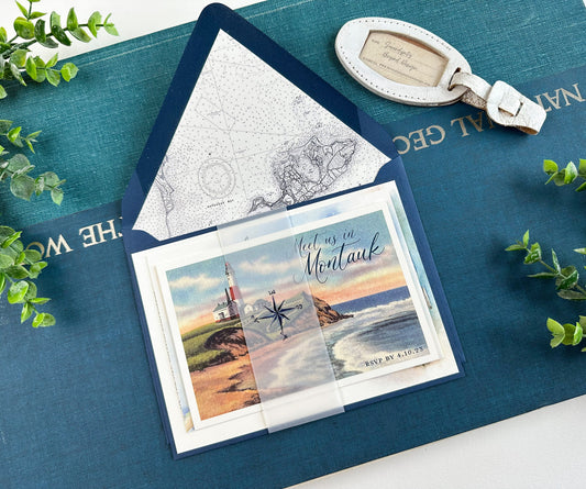 Custom Watercolor Lighthouse and Map Wedding Invitation (Montauk, New York)