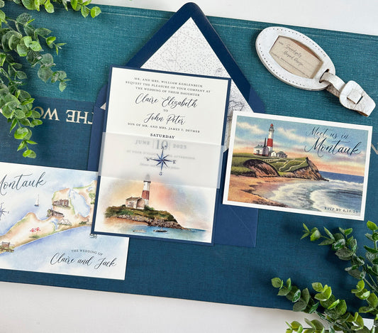 Custom Watercolor Lighthouse and Map Wedding Invitation (Montauk, New York)