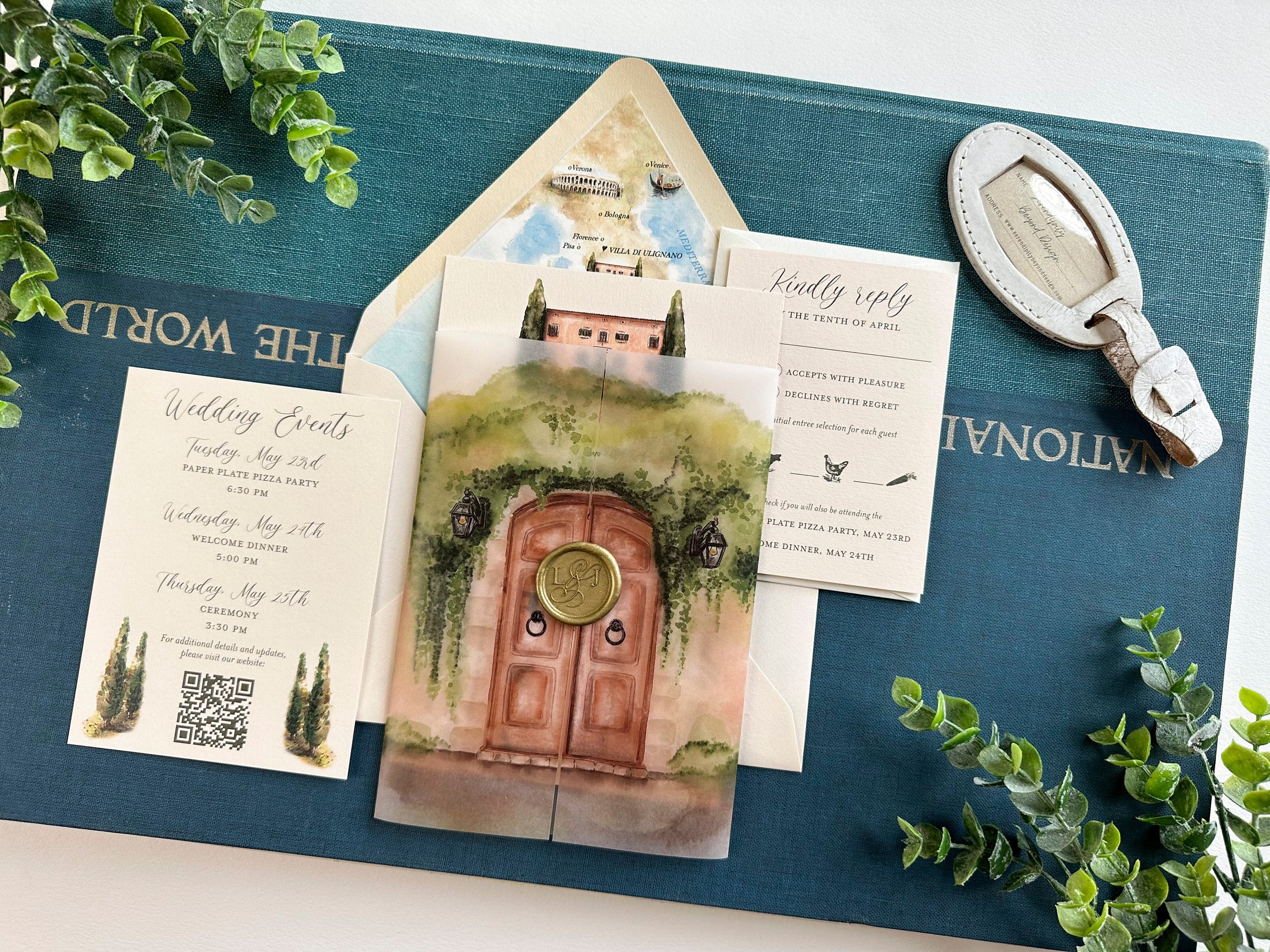 Romantic Watercolor and Vellum Invite with Wax Seal (Volterra, Italy)