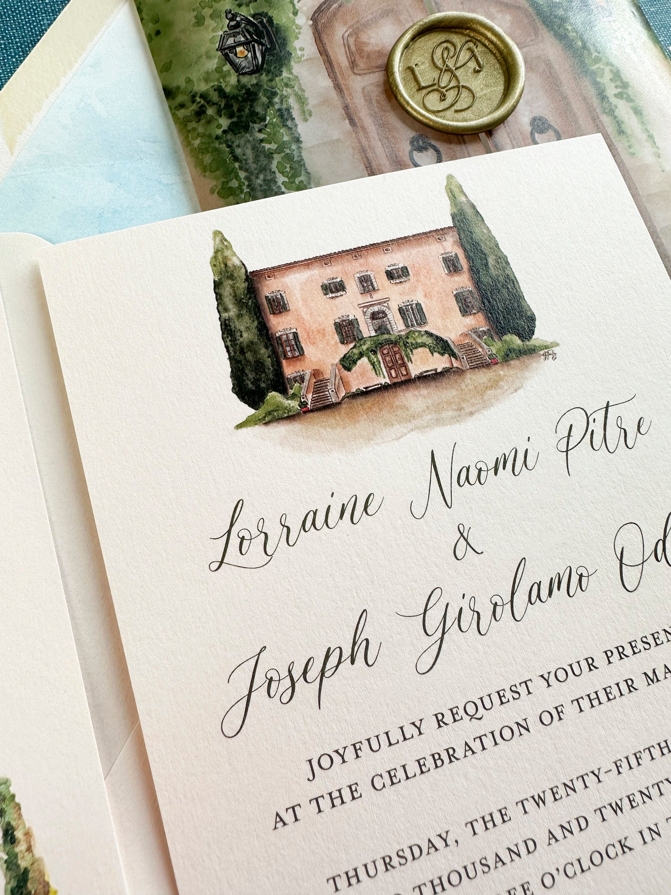Romantic Watercolor and Vellum Invite with Wax Seal (Volterra, Italy)