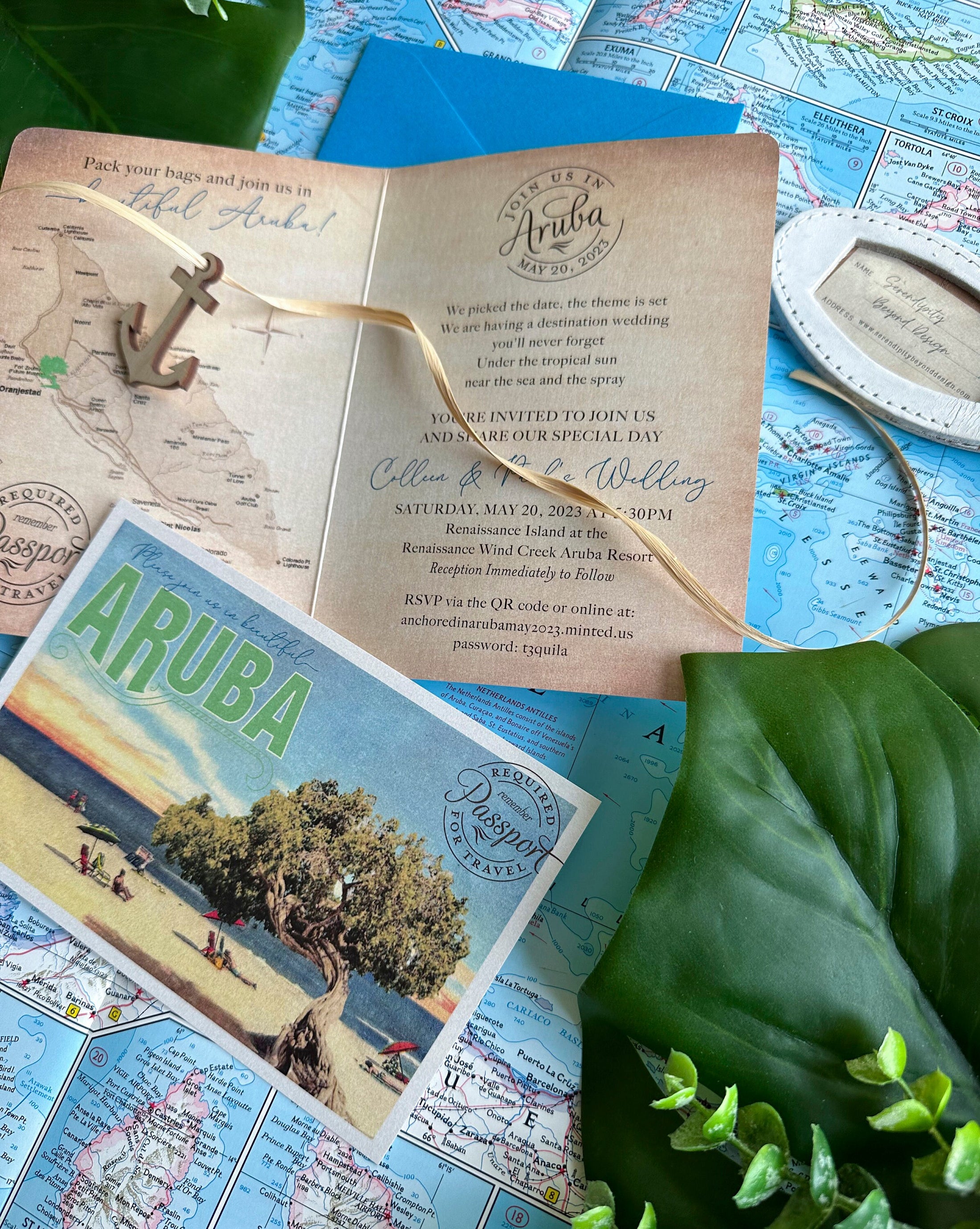 Divi Tree Vintage Passport Wedding Invitation (Palm Beach, Aruba)