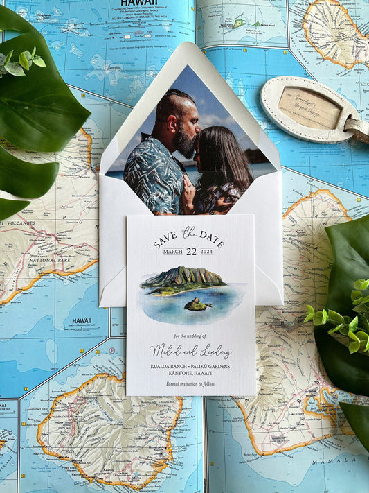 Watercolor Save the Date with Engagement Photo (Kaneohe, Hawaii)
