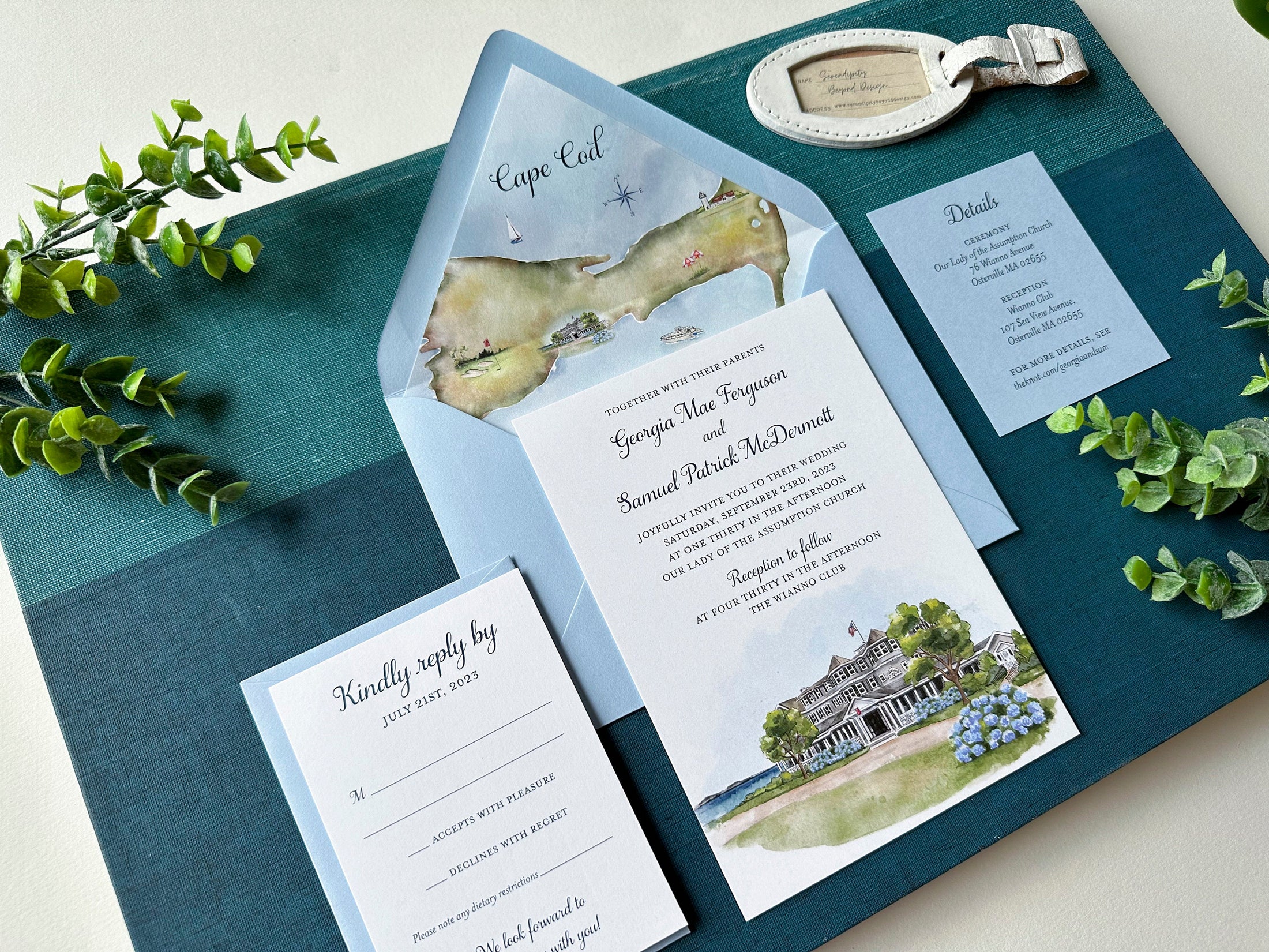 Custom Watercolor Map Wedding Invitation - Wianno Club (Cape Cod, Massachusetts)
