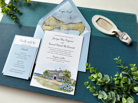 Custom Watercolor Map Wedding Invitation - Wianno Club (Cape Cod, Massachusetts)