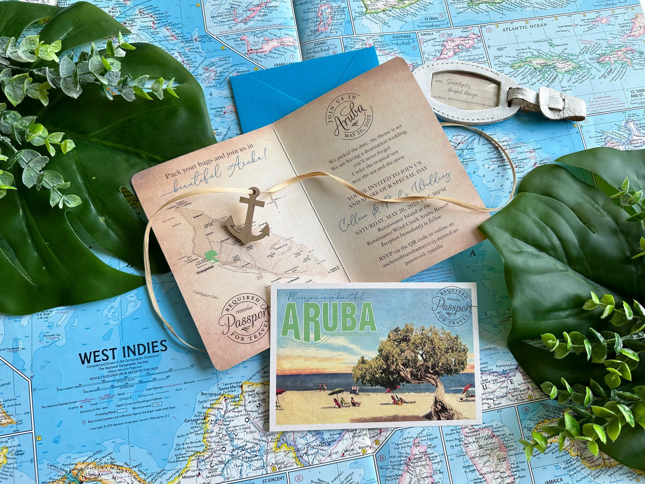 Divi Tree Vintage Passport Wedding Invitation (Palm Beach, Aruba)