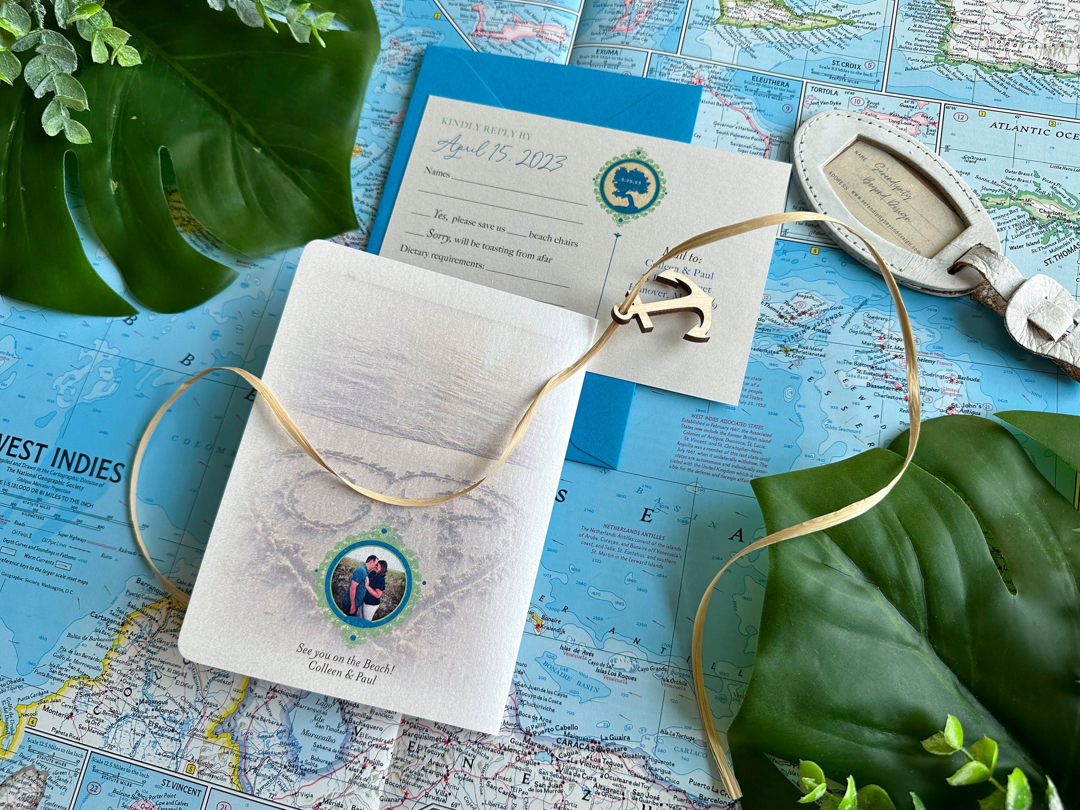 Divi Tree Vintage Passport Wedding Invitation (Palm Beach, Aruba)