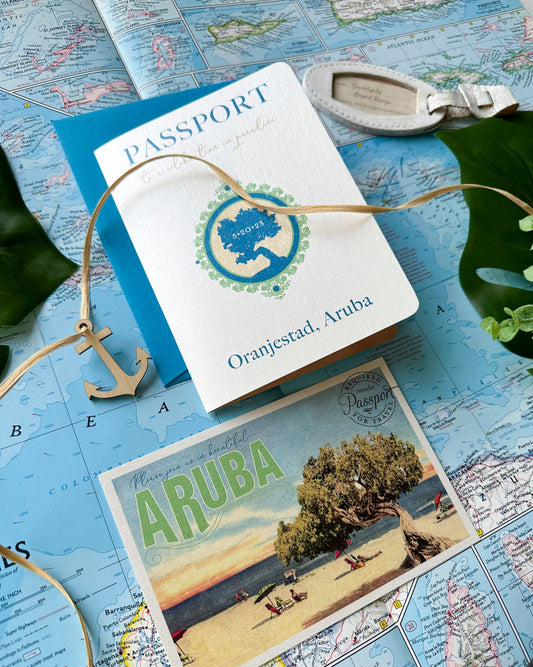 Divi Tree Vintage Passport Wedding Invitation (Palm Beach, Aruba)