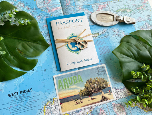 Divi Tree Vintage Passport Wedding Invitation (Palm Beach, Aruba)