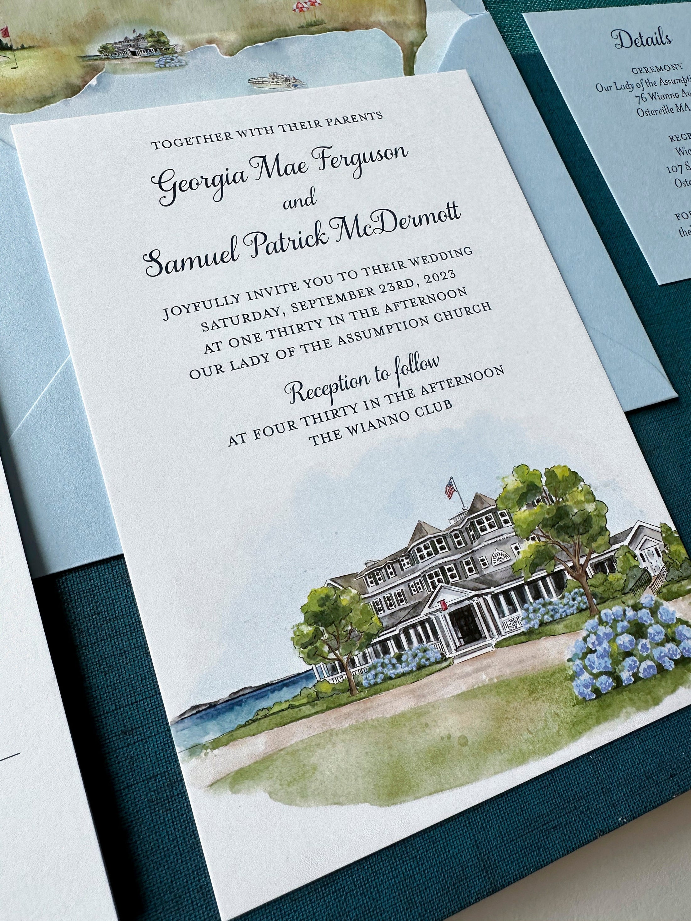 Custom Watercolor Map Wedding Invitation - Wianno Club (Cape Cod, Massachusetts)