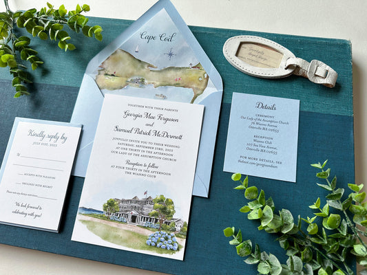 Custom Watercolor Map Wedding Invitation - Wianno Club (Cape Cod, Massachusetts)