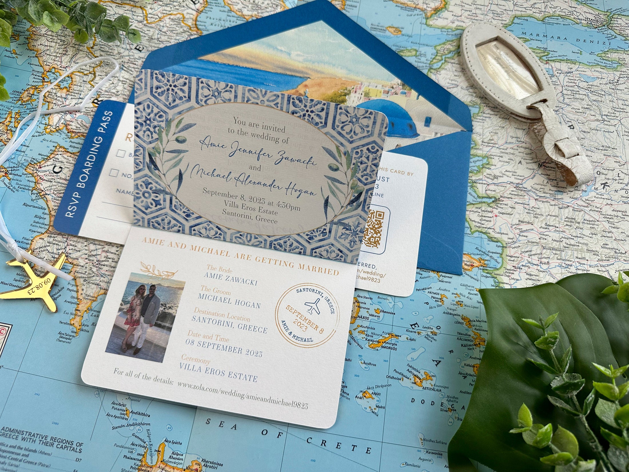 Blue and Gold  Passport + Boarding Pass Wedding Invitation (Santorini, Greece)