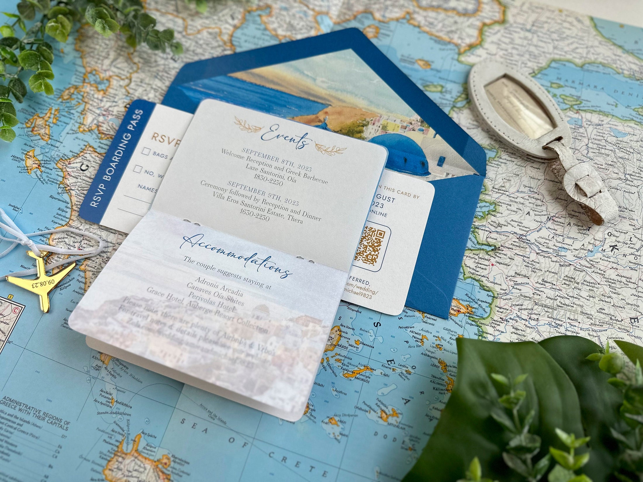 Blue and Gold  Passport + Boarding Pass Wedding Invitation (Santorini, Greece)