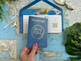 Load image into Gallery viewer, Blue and Gold  Passport + Boarding Pass Wedding Invitation (Santorini, Greece)
