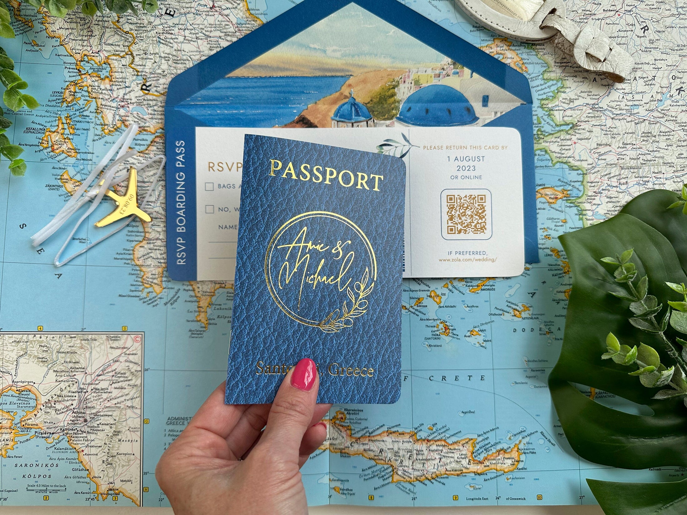Blue and Gold  Passport + Boarding Pass Wedding Invitation (Santorini, Greece)