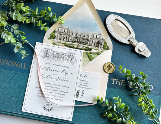 Custom Watercolor Rosecliff Mansion Letterpress Wedding Invitation