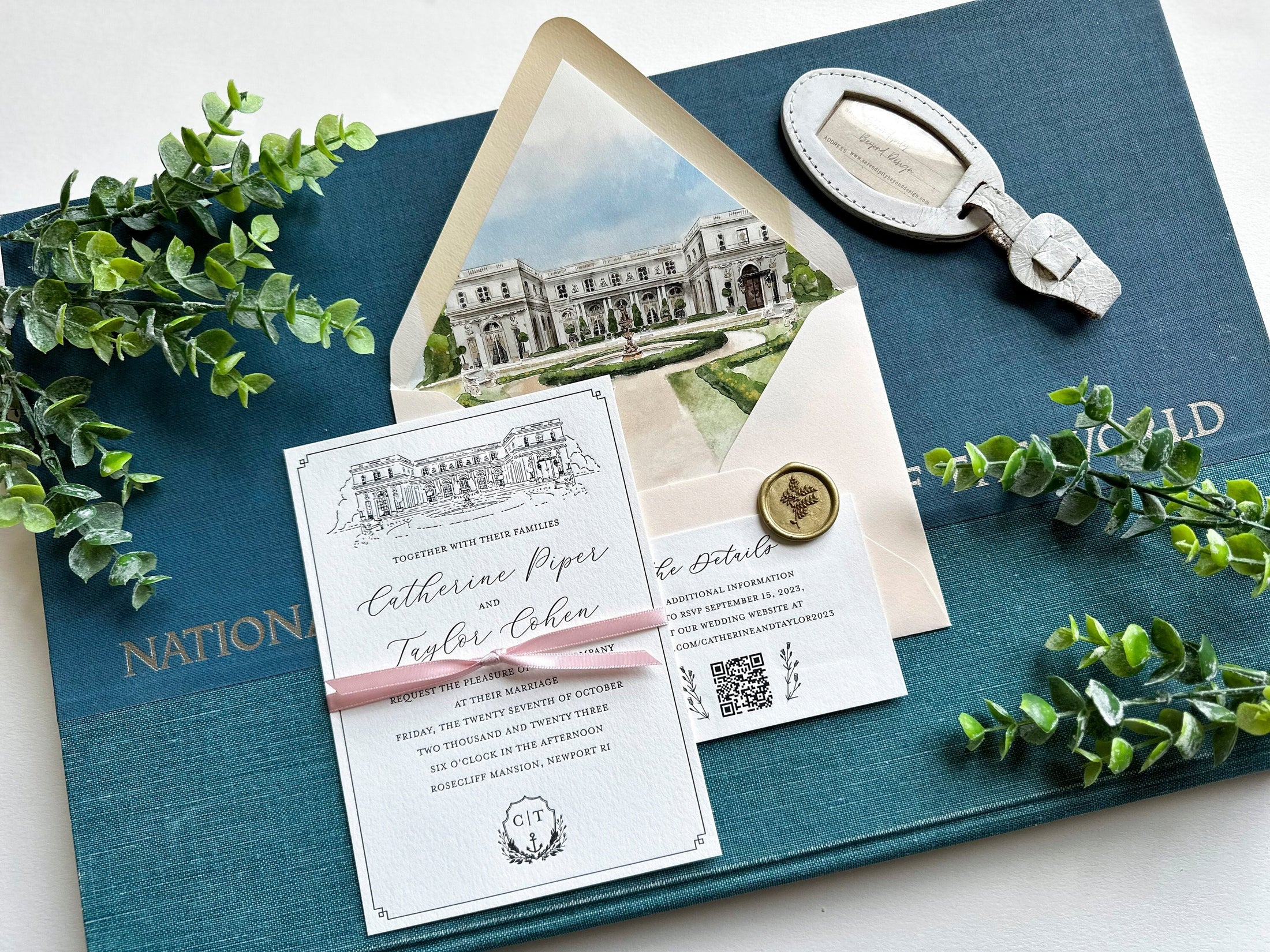 Custom Watercolor Rosecliff Mansion Letterpress Wedding Invitation