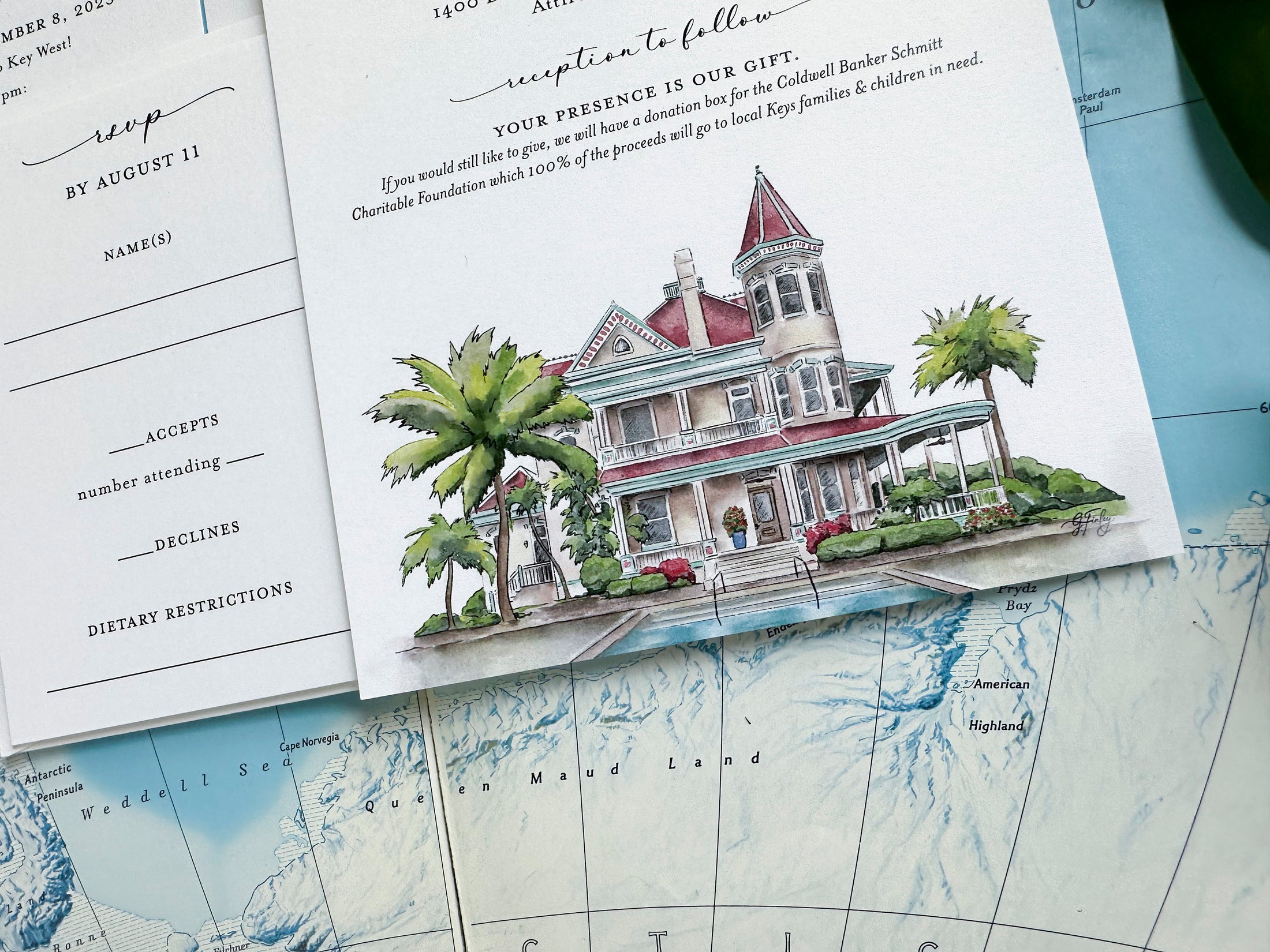 Southern Most Mansion Watercolor Wedding Invitation - (Key West, Florida)