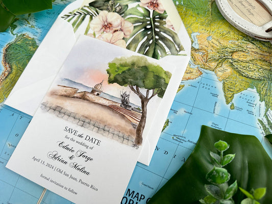 Watercolor Save the Date with Tropical Florals - (San Juan, Puerto Rico)