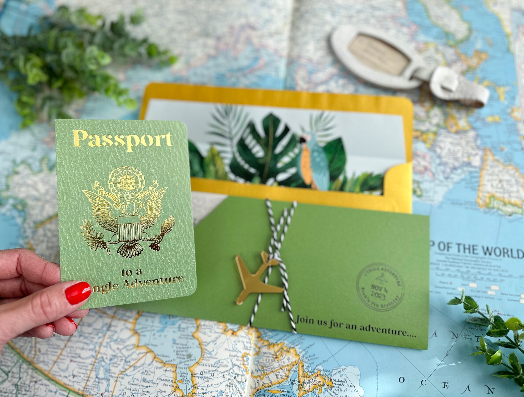 Jungle Adventure Birthday Invitation (Gold and Green Boarding Pass with Passport)