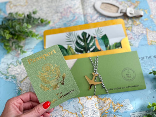 Jungle Adventure Birthday Invitation (Gold and Green Boarding Pass with Passport)