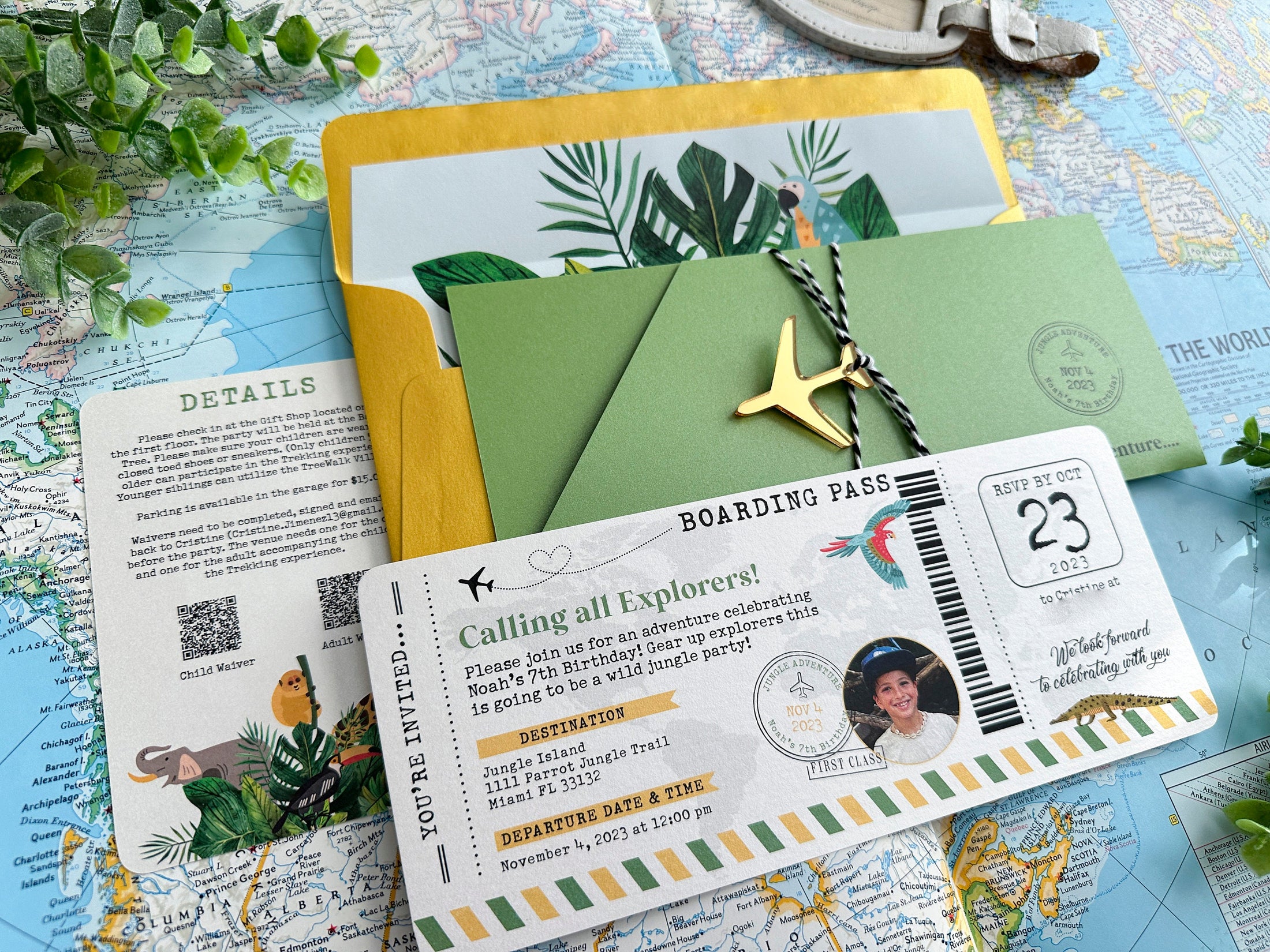 Jungle Adventure Birthday Invitation (Gold and Green Boarding Pass with Passport)