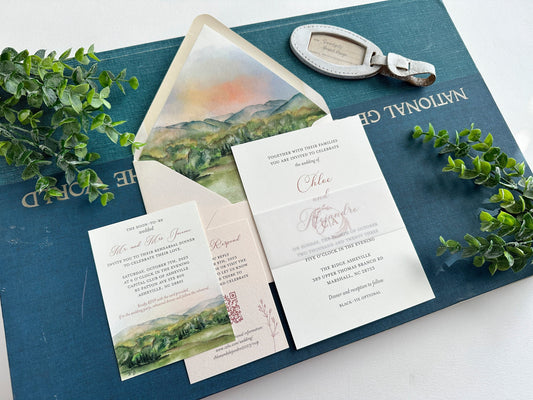 Mountain Watercolor Wedding Invitation (Marshall, North Carolina)