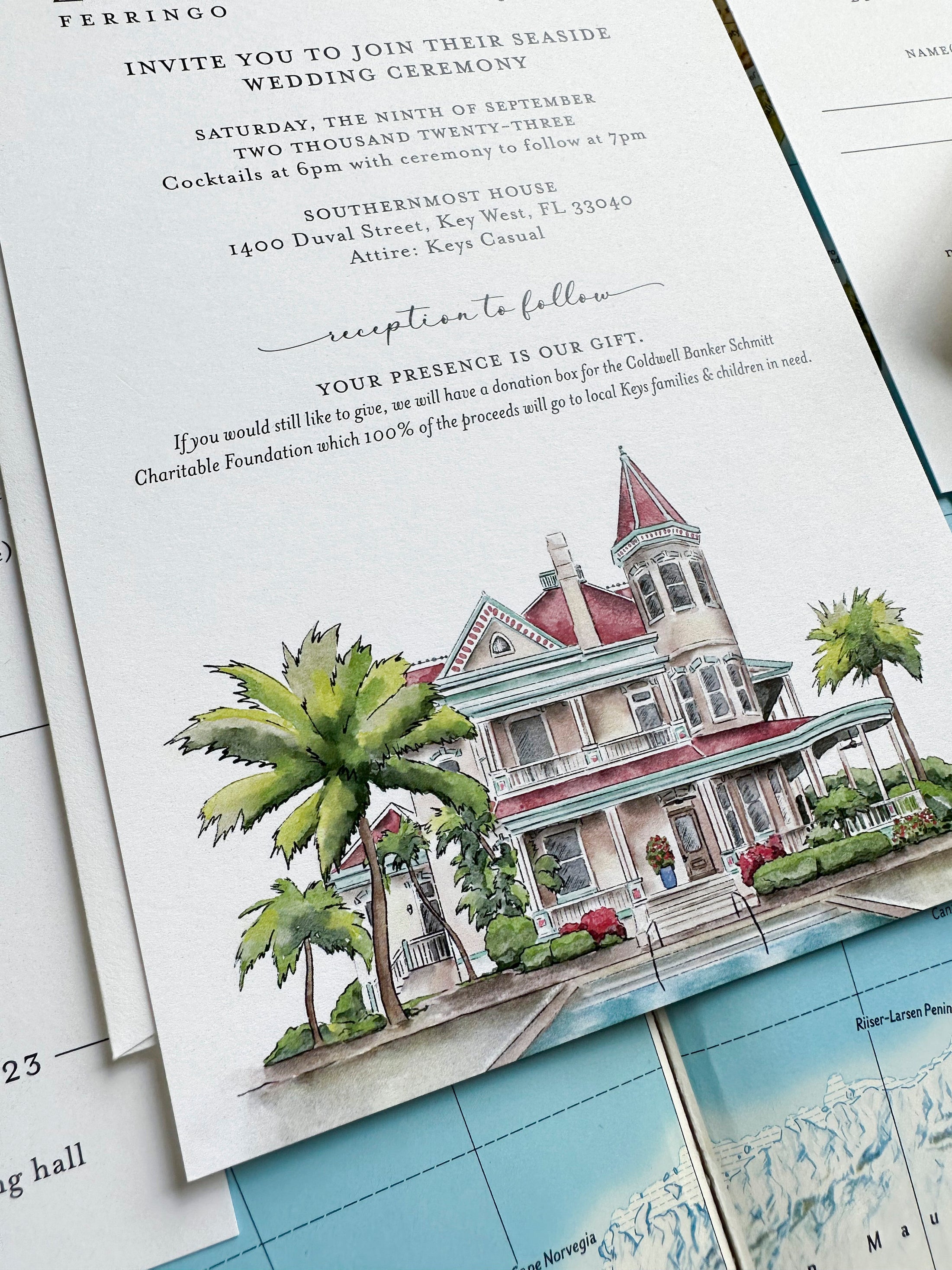 Southern Most Mansion Watercolor Wedding Invitation - (Key West, Florida)