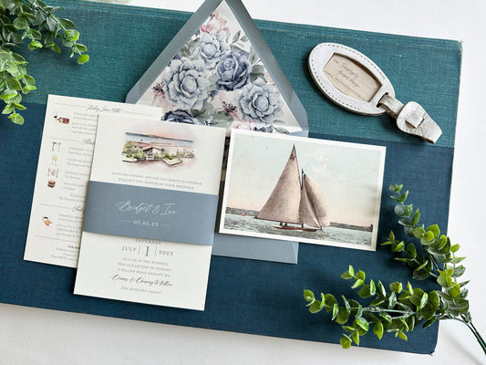 Floral Watercolor Wedding Invitation - Oceanview (Nahant, Massachusetts)