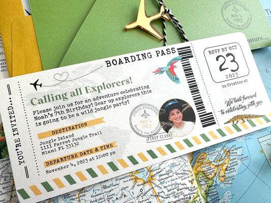 Jungle Adventure Birthday Invitation (Gold and Green Boarding Pass with Passport)