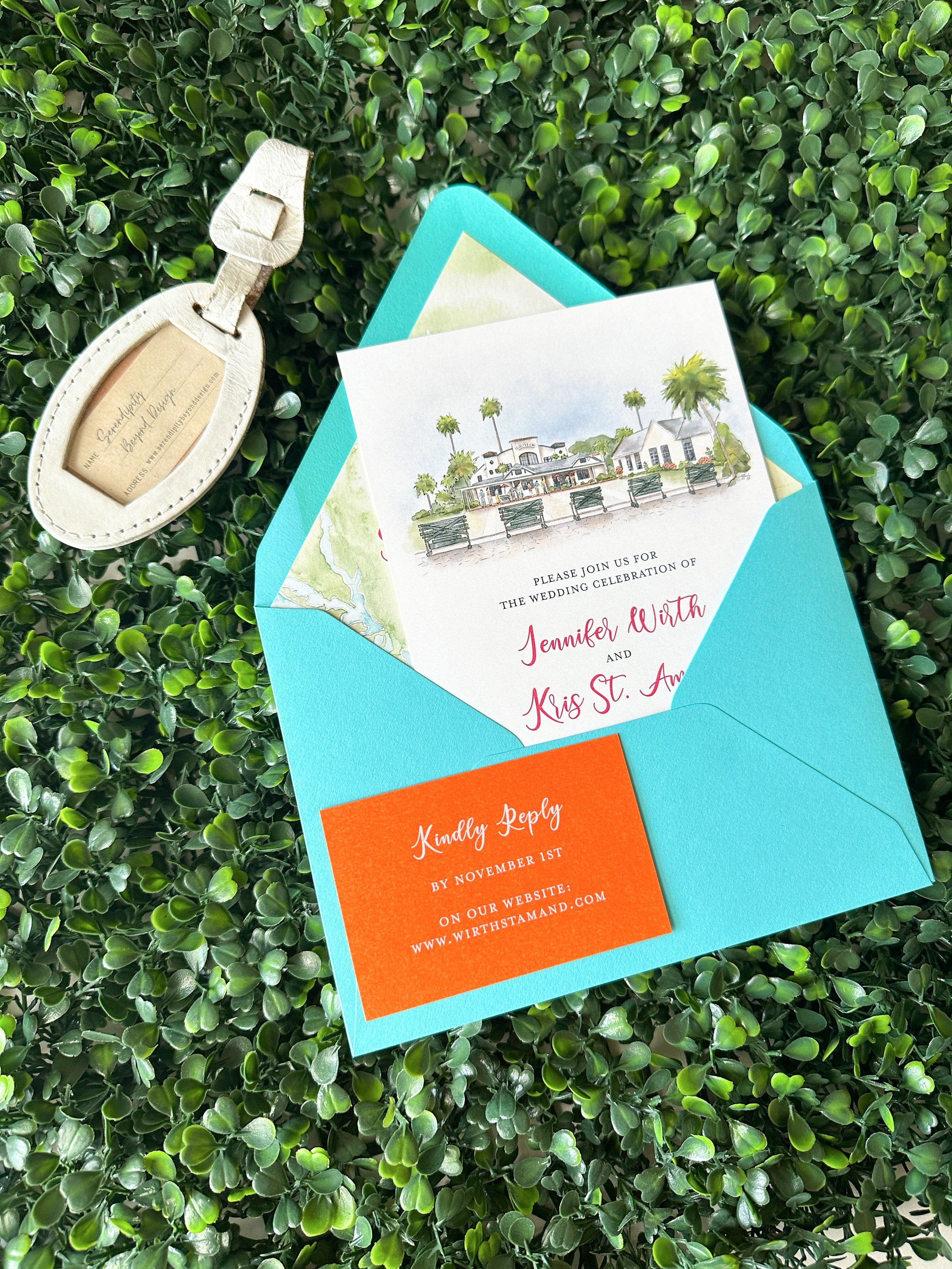 Tropical Watercolor Wedding Invitation, Shuffleboard Club (St Petersburg, Florida)