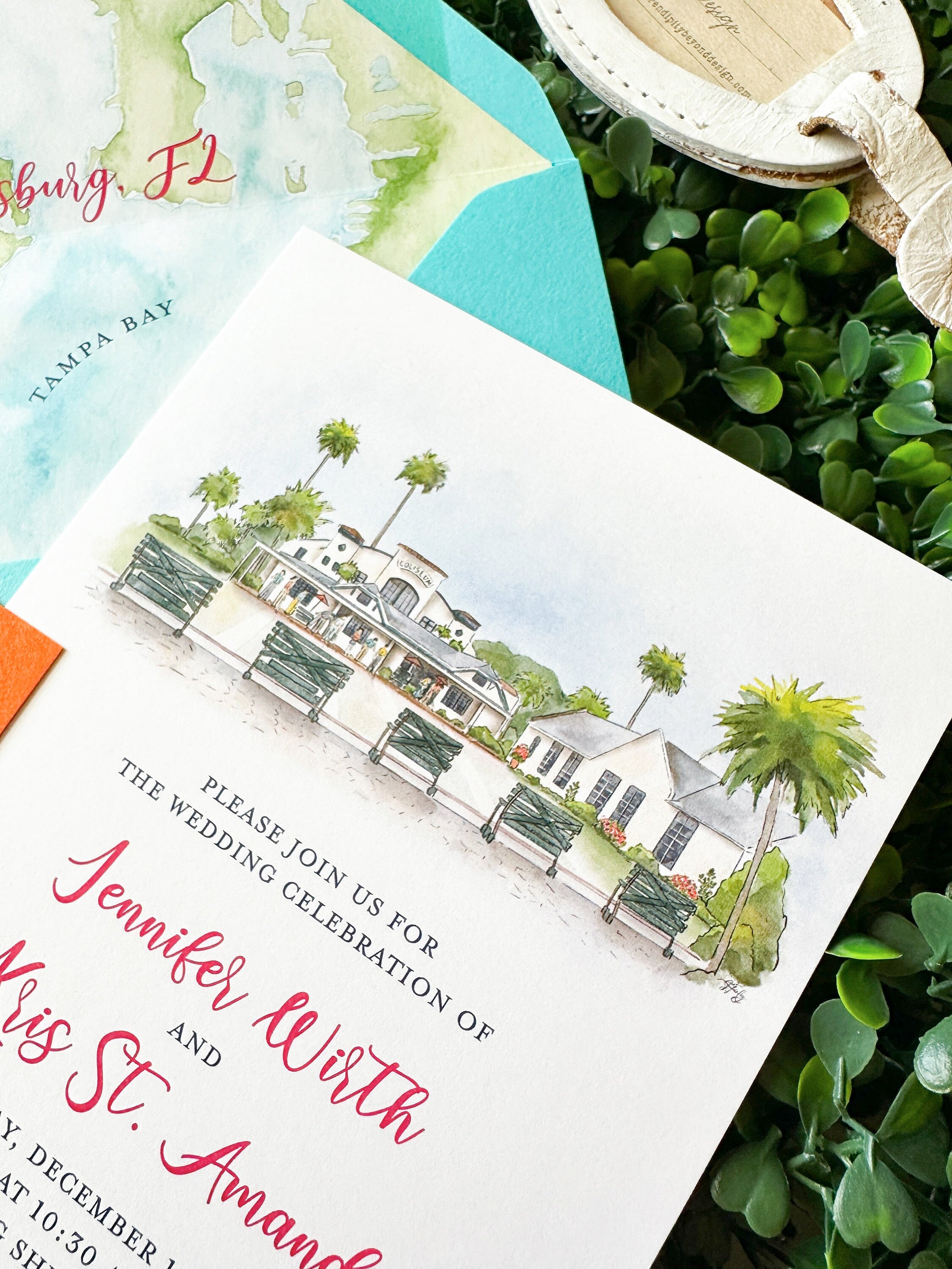 Tropical Watercolor Wedding Invitation, Shuffleboard Club (St Petersburg, Florida)