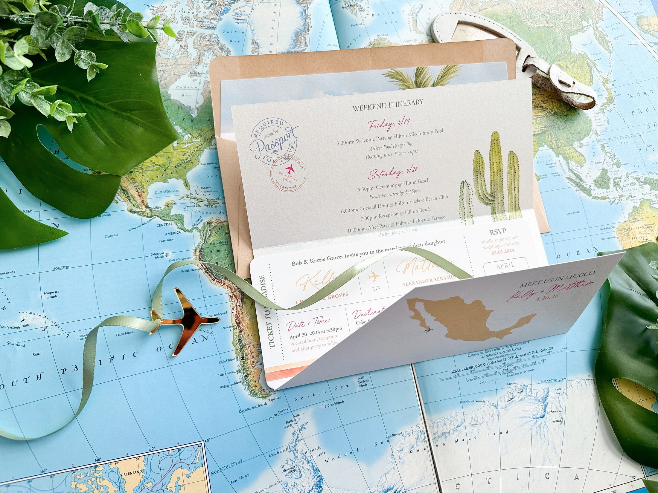 Boho Boarding Pass Wedding Invitation (Cabo San Lucas, Mexico)