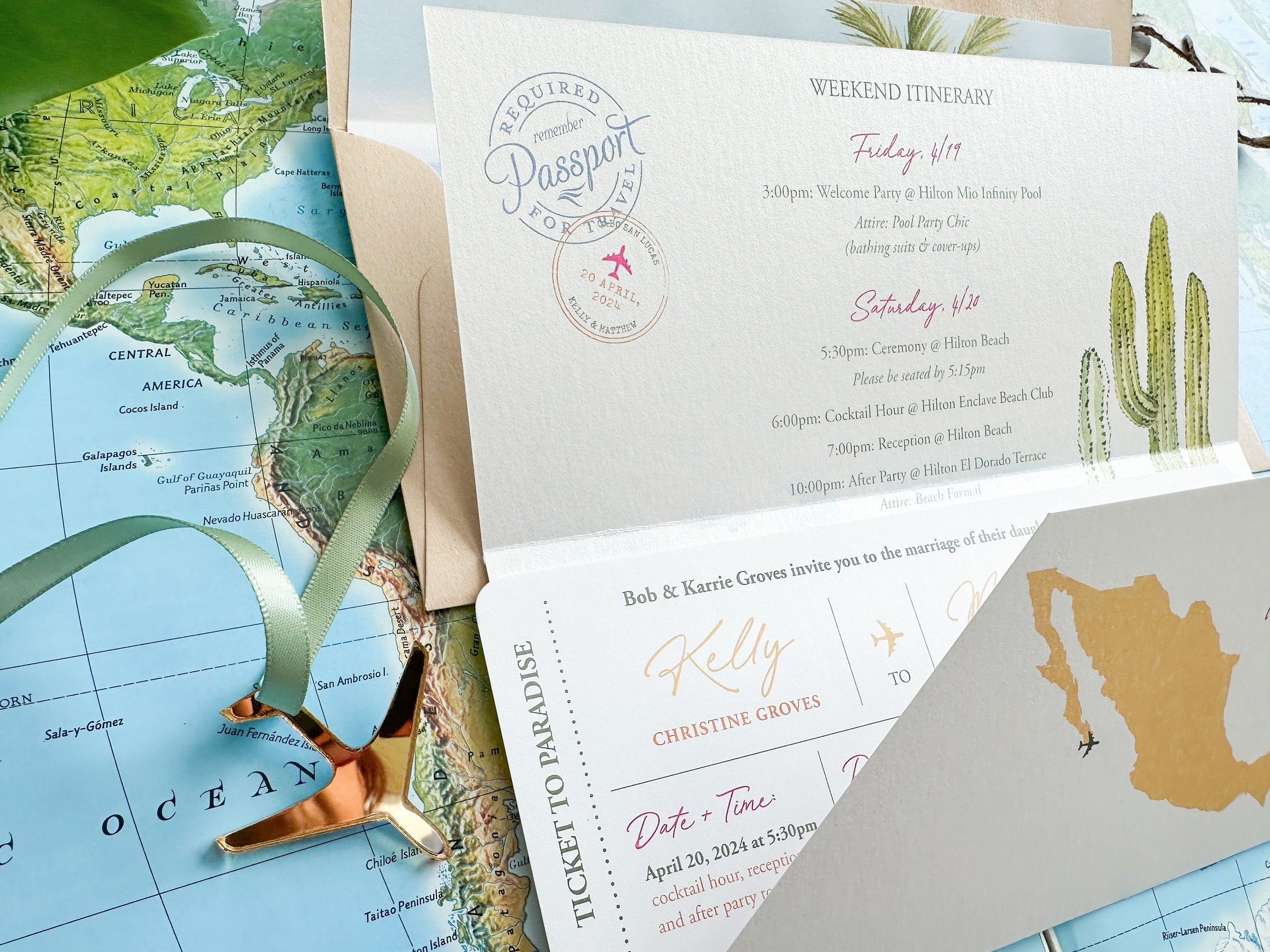 Boho Boarding Pass Wedding Invitation (Cabo San Lucas, Mexico)