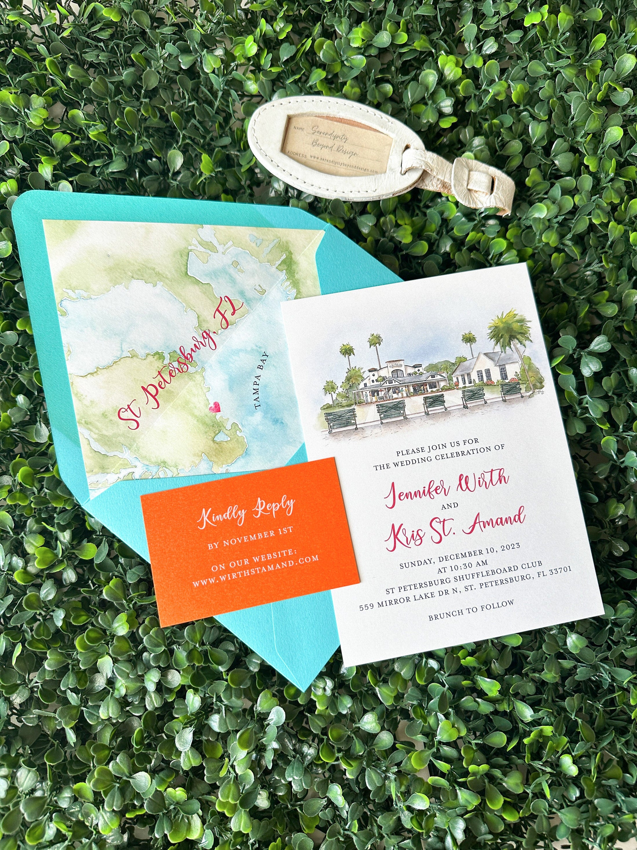 Tropical Watercolor Wedding Invitation, Shuffleboard Club (St Petersburg, Florida)