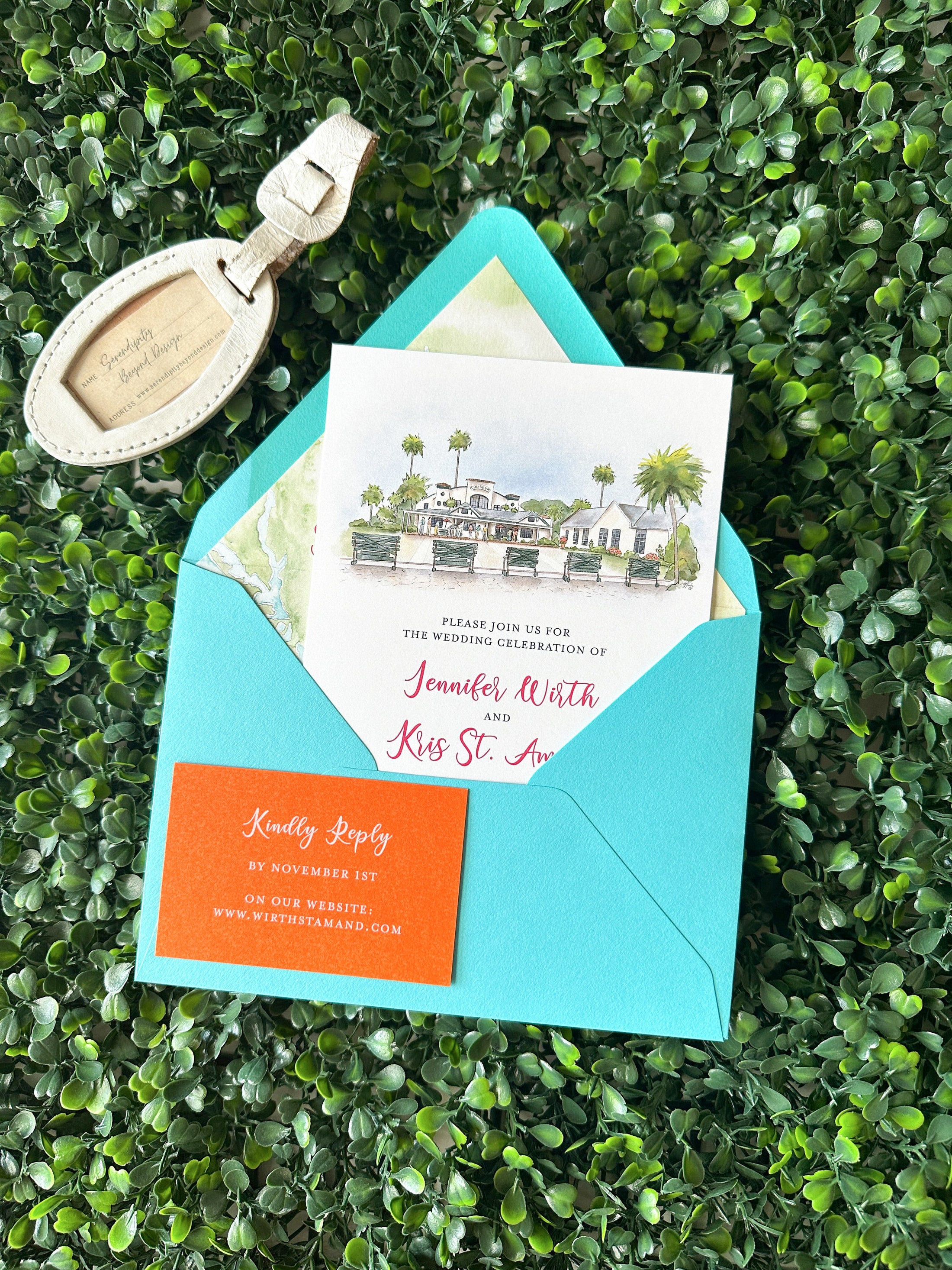 Tropical Watercolor Wedding Invitation, Shuffleboard Club (St Petersburg, Florida)