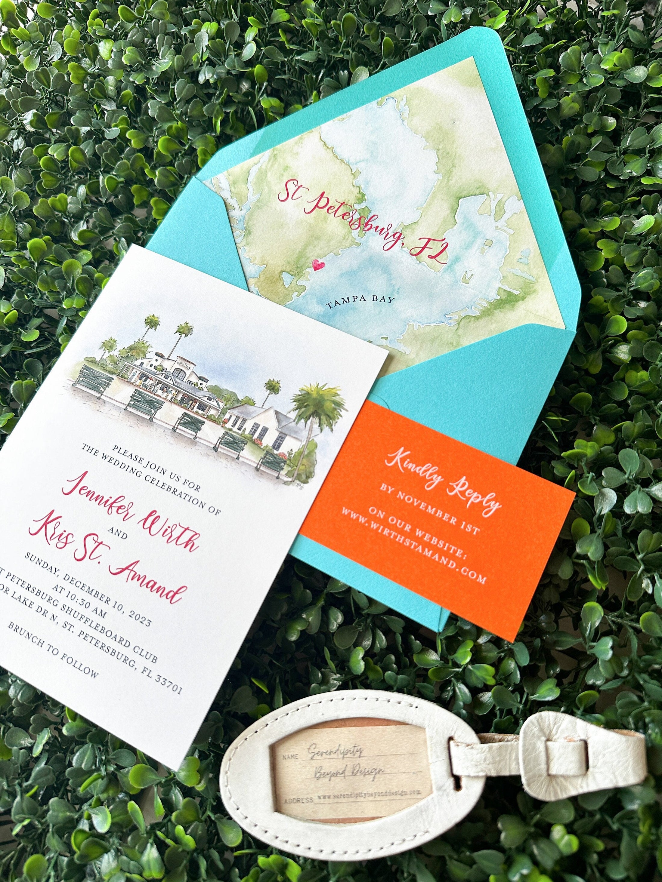 Tropical Watercolor Wedding Invitation, Shuffleboard Club (St Petersburg, Florida)