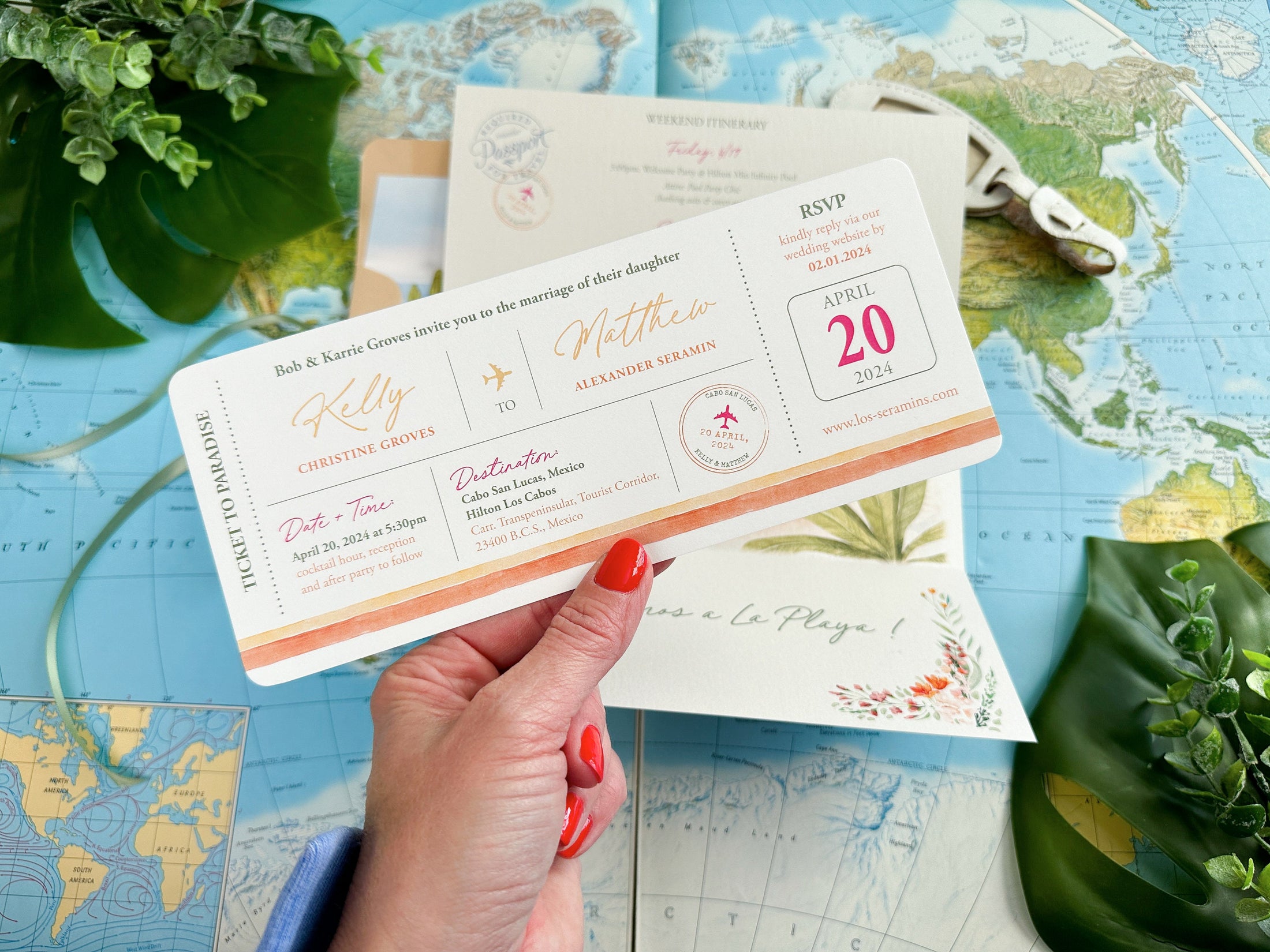 Boho Boarding Pass Wedding Invitation (Cabo San Lucas, Mexico)