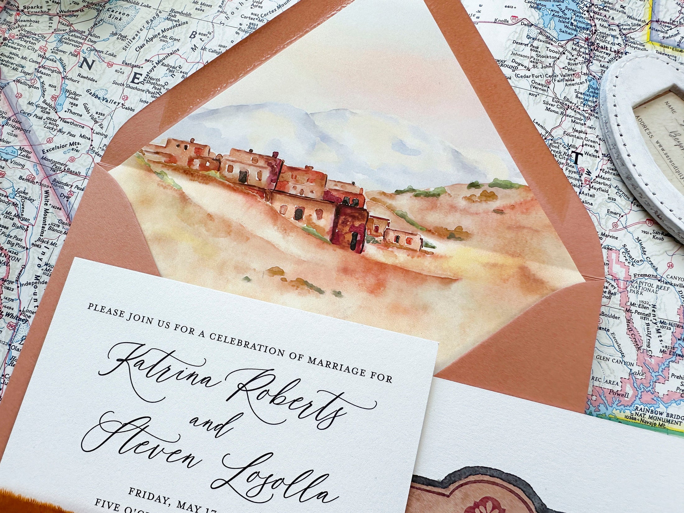 La Fonda on the Plaza Watercolor Wedding Invitation (Santa Fe, New Mexico)