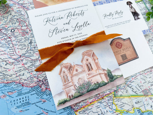La Fonda on the Plaza Watercolor Wedding Invitation (Santa Fe, New Mexico)