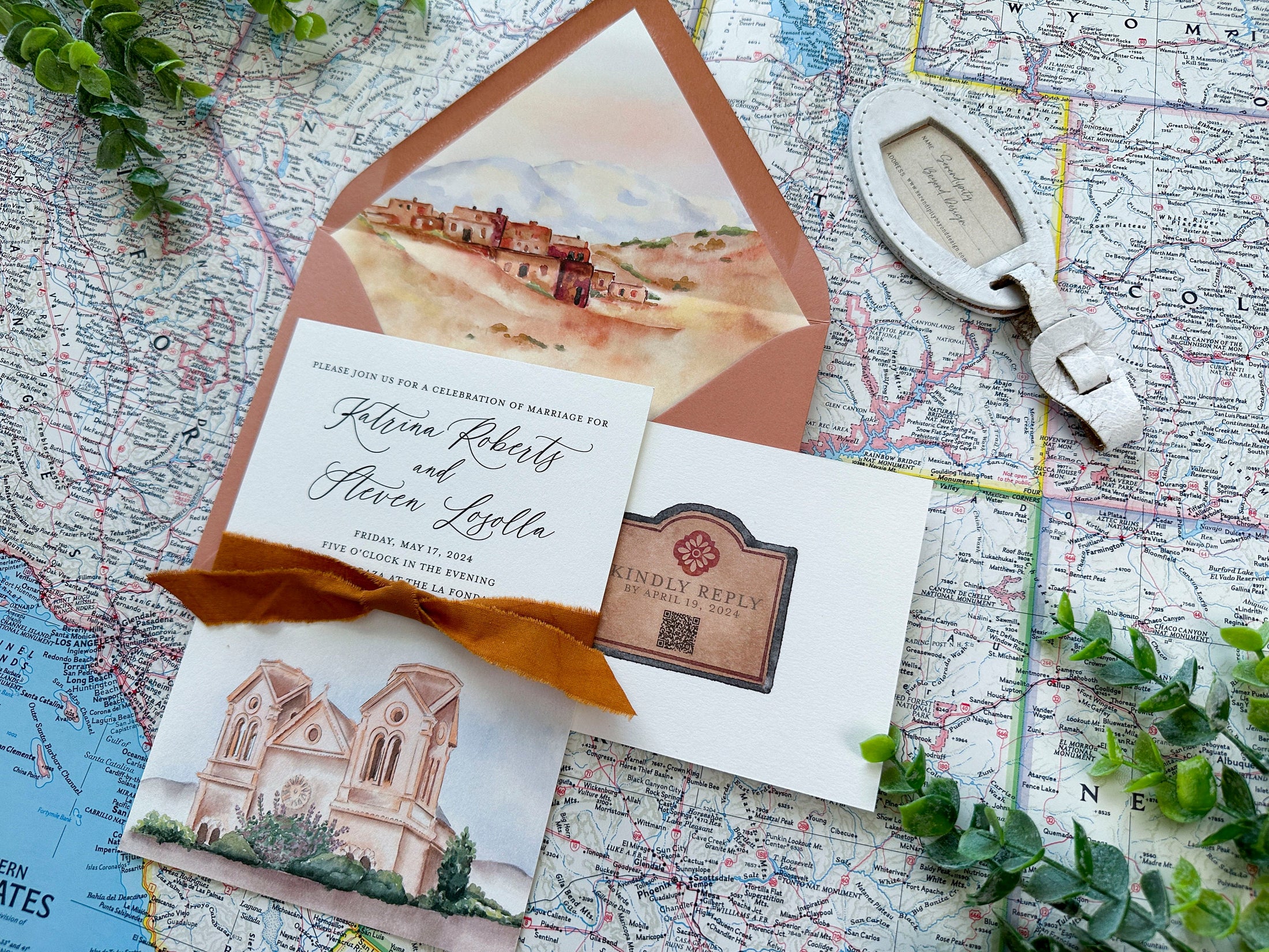 La Fonda on the Plaza Watercolor Wedding Invitation (Santa Fe, New Mexico)