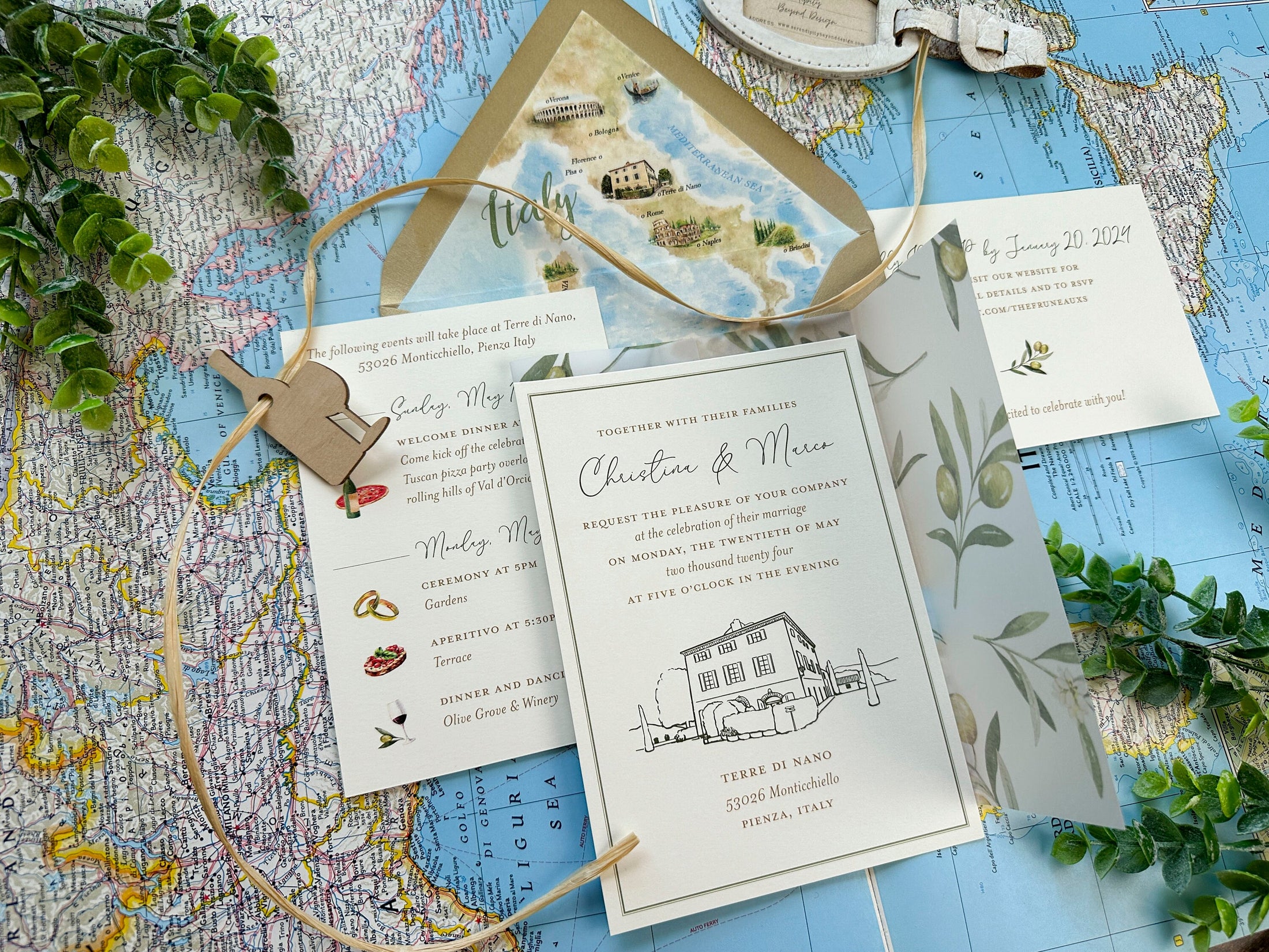Watercolor Olive Branches and Villa Invite (Terre di Nano, Italy)